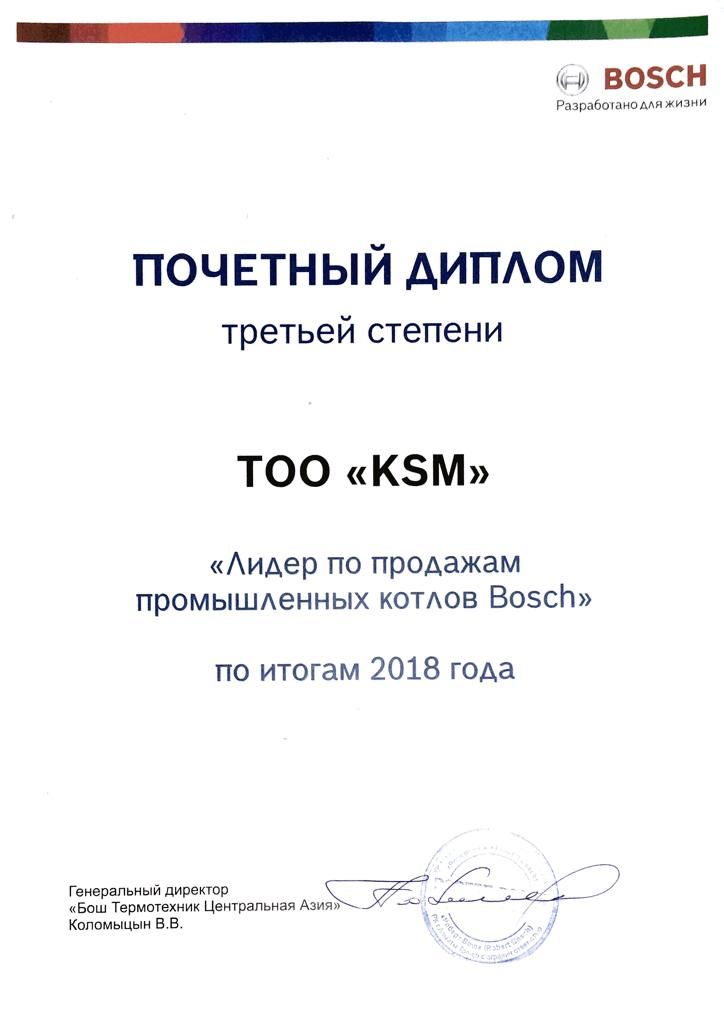 Почетный диплом первой степени “Лидер по продажам промышленных котлов BOSCH”